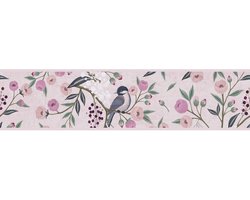 Kinderbehang Profhome 771371-GU behangrand glad met vogel patroon mat roze zuurstokroze groen grijs 5 m