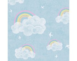 Kinderbehang Profhome 771441-GU vliesbehang glad met wolken mat blauw wit zuurstokroze geel 5,33 m2