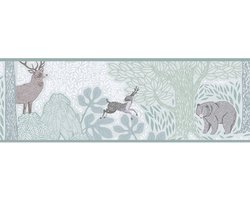 Kinderbehang Profhome 771751-GU behangrand glad met bosmotief mat groen bruingrijs mintgroen wit 5 m