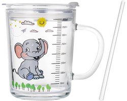 Kinderbeker met rietje, deksel en handvat, 12oz schattige glazen waterbeker met schaalverdeling voor water, thee, melk, koffie (olifant)