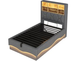 Kinderbett Polsterbett Jongensbed Meisjesbed 221 x 93 x 131 cm Grijs Linnen Metaal Voor Slaapkamer Met Hydraulisch Opberg LED Verlichting App Bediening USB Oplader Lattenbodem Zonder Matras