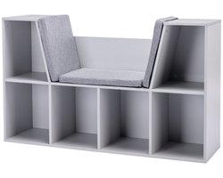 Kinderboekenkast 103 x 30 x 62 cm Opbergdoos Grijs Hout Zes Opbergvakken Drie Kussens Speelgoedkist Geschikt Voor Kinderen Vanaf Drie Jaar