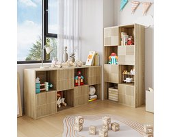 Kinderboekenkast 125x30x60 cm, vakkenkast met 4 deuren, opbergkast voor speelgoed, boeken en accessoires, speelgoedkast voor kinderkamer, natuurlijke houtkleur