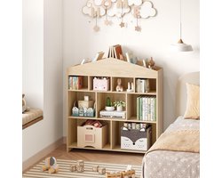Kinderboekenkast en Speelgoedkast - Huisvorm Design - 9 Opbergvakken - 103 cm Breed - Montessori Opbergsysteem voor Kinderkamer en Speelkamer - Naturel