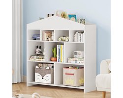 Kinderboekenkast – Kinderboekenplank – Speelgoedplank met 9 vakken – wit - 103x30x100 cm – Kindermeubel Opbergkast -Boekenkast Staand
