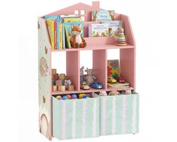 Kinderboekenkast met 2 stoffen lades - open vak voor kinderen van 3 - 8 jaar - 62 - 5 x 30 x 91 - 5 cm - roze