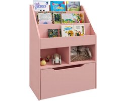 Kinderboekenkast met Lade – Opbergkast met 3 Vakken & 2 Open Compartimenten – Roze
