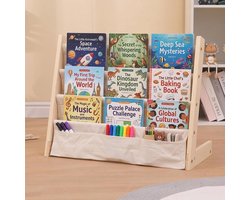 Kinderboekenkast met Slingopslag - Houten Meubel voor Boeken, Tijdschriften en Speelgoed - Multi-Tier Canvas Display Planken voor Slaapkamer en Kinderkamer