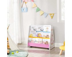 Kinderboekenkast met Wielen en Krijtbord – Industrialhome Multicolor Kinder Boekenrek – Boekenorganizer voor Kinderkamer en Speelkamer – MDF Houten Kast met Opbergruimte – Wit, Blauw, Roze, Geel & Zwart – 68x40x61,5 cm