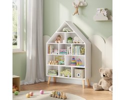 Kinderboekenkast, staand rek, huisvorm, kinderrek, opbergrek voor kinderen, kinderkamerrek met 5 niveaus, speelgoedorganizer, speelgoedrek, wit