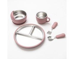 Kinderbord - Babybord met Zuignap - Babybord van RVS - BPA-Vrij - Antislip - 5-Delige Kinderserviesset - Bord Kom Beker Vork Lepel - Roze