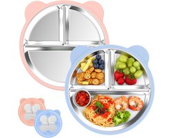 Kinderbord met Zuignap - Verdeeld bord - 2 stuks - Antislip - RVS Babybord - Onbreekbaar - Dinerbord - rond - BPA vrij