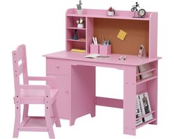 Kinderbureau en Stoel met Opbergruimte - Houten Kindertafel met Etagère, Prikbord & Lade - Verstelbare Kinderstoel - Studiehoek Kinderkamer - 97x46x101cm - Roze
