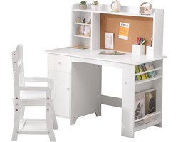 Kinderbureau en Stoel met Opbergruimte - Houten Kindertafel met Etagère, Prikbord & Lade - Verstelbare Kinderstoel - Studiehoek Kinderkamer - 97x46x101cm - wit