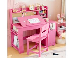 Kinderbureau en stoel set - 2-delig houten bureau met plank, kantelbaar blad (0–70°) en opbergruimte - voor kinderen van 3 tot 8 jaar - roze