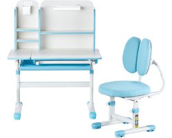 Kinderbureau en Stoelset, In Hoogte Verstelbaar met Boekenplank en Lade, 0-40° Kantelbaar Bureaublad, Bureau voor Slaap- en Studeerkamer, Blauw