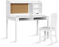 Kinderbureau en stoelset – Inclusief lades, planken en kurk prikbord – Wit
