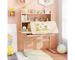 Kinderbureau In Hoogte Verstelbaar met Kantelbaar Tafelblad, Lade, Boekenrek & Opbergruimte – Ergonomisch Schoolbureau voor Kinderen 3-14 Jaar – 100x60x135 cm – Natuurkleur