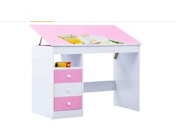 Kinderbureau met 3 laden kantelbaar kantelbaar bureau studentenbureau computertafel roze wit spaanplaat