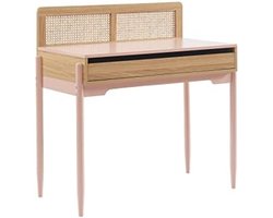 Kinderbureau met rieten details en grote opberglade - Roze meisjes bureau voor kinderkamer - Studie- en schrijfbureau voor kinderen