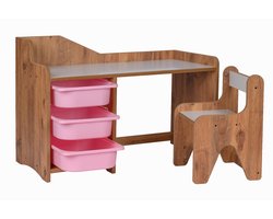 Kinderbureau met stoel – MDF hout – Inclusief 3 roze plastic lades – Walnoot/Wit – Voor kinderen 2-6 jaar