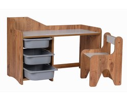 Kinderbureau met stoel – MDF hout – Kindertafel inclusief 3 grijze plastic lades – Walnoot/Wit – Voor kinderen 2-6 jaar