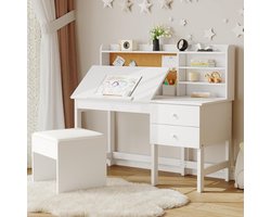 Kinderbureau met Stoel Set - Houten Studiebureau met Kantelbaar Bureaublad - Inclusief Kurkbord, Laden en Opbergrekken - Ergonomische Werkplek voor Kinderen 3-8 Jaar - 110x46x98 cm - wit
