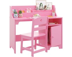 Kinderbureau met Stoel Set - Houten Studiebureau met Opzetkast en Opbergkast - Ergonomische Werkplek - Voor Kinderen 3-8 Jaar - 93x78 cm - roze