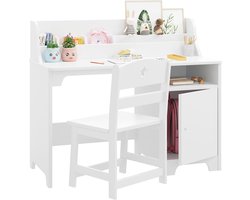 Kinderbureau met Stoel Set - Houten Studiebureau met Opzetkast en Opbergkast - Ergonomische Werkplek - Voor Kinderen 3-8 Jaar - 93x78 cm - wit