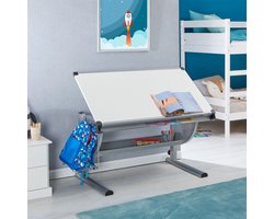 Kinderbureau SARI, in hoogte verstelbaar, kantelbaar, met legplank en gleuf voor pennen, legplank voor rugzak, in wit/aluminium