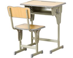 Kinderbureau, vintage, schoolstandaard, set bureau en stoel, verstelbaar, opbergtas, beugel, pennenhouder, staal, kaki, MDF, licht houtlook