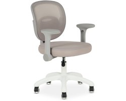 Kinderbureaustoel AMELIA in hoogte verstelbaar met armleuningen in grijs & beige. Ergonomische kinderbureaustoel met netrugleuning & wit onderstel met 5 wielen - hoofdafbeelding