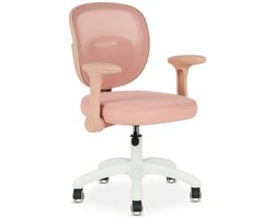 Kinderbureaustoel AMELIA in hoogte verstelbaar met armleuningen in roze. Ergonomische kinderbureaustoel met netrugleuning & wit onderstel met 5 wielen - hoofdafbeelding