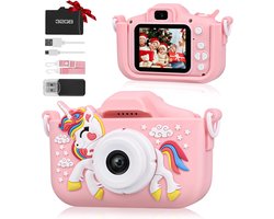 Kindercamera HD 1080P - Nieuwste model 2026 - Digitale Camera met Selfiecamera - Inclusief 32GB SD Kaart - Foto Video en Spelletjes - Roze Unicorn