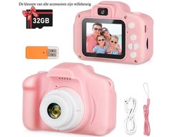 Kindercamera, HD digitale videocamera, kinderspeelgoed voor jongens/meisjes van 3, 4, 5, 6, 7, 8 en 9 jaar, selfiecamera voor kinderen, kerstcadeau voor verjaardagscadeau met 32 ​​GB SD-kaart (roze)