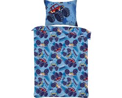 Kinderdekbedovertrek - Dekbedovertrek set-Monster truck- Vroom-Rood-Lichtblauw-Eenpersoons -140 x 220-cm + 1 kussensloop 60x70cm