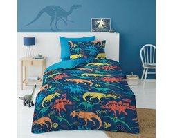 Kinderdekbedovertrek Dinosaurus - Blauw - Eenpersoons Dino dekbed - geschikt voor 140 x 200 cm.