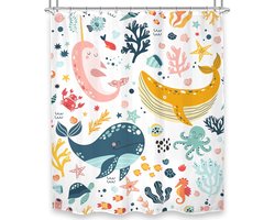 Kinderdouchegordijn-Cartoon douchegordijn-Vis-Oceaan-Douchegordijn Anti Schimmel- Waterdicht -blauw- Douche Gordijn 180X180cm - Polyester-Douche Gordijnringen - Shower Curtain