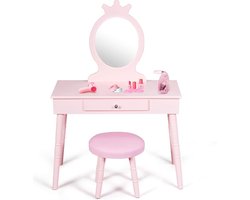 Kinderen kaptafel set, Princess kaptafel en stoel set, make-up kaptafel met lade en kussentje, kaptafel met echte spiegel voor kleine meisjes (Roze)