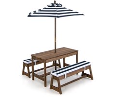 Kinderen Picknicktafel met Paraplu Houten Tafel en Bank Set met Kussens Activiteitentafels en Stoelen voor Kinderen Binnen Buiten Blauw