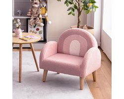 Kinderfauteuil – Kinderstoel – Kinderzetel – Peuterstoel – Peuterfauteuil – Teddy Velvet Bekleding – Stevige Massief Houten Poten – Ergonomisch Ontwerp – Voor Kinderen 3-5 Jaar – Roze Regenboog Design