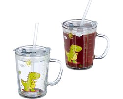 Kinderglas met rietje en deksel - 2 stuks - dinosaurus print - met handvat