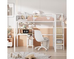 Kinderhoogslaper 140x200 cm met Bureau, - 140x200 cm - Wit - Bureau, Plank, Veiligheidstrap Kledingkast – - Medahomestore