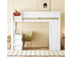 Kinderhoogslaper 90x200 cm – Wit – Met Bureau, Kast en 2 Lades – Massief Grenenhout & MDF – Ruimtebesparend, Veilig en Praktisch