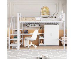 Kinderhoogslaper – Hoogslaper – Stapelbed – Halfhoogslaper – Multifunctioneel Bed – Wit 140x200cm – Met Kast En Bureau – Stevig Ijzeren Frame