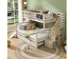 Kinderhoogslaper met Glijbaan en Bureau – Multifunctioneel Stapelbed 90x200 + 140x200 cm, Opbergbed met Laden, Opbergtrap en Open Plank, Minimalistisch Design, Dennenhout, Wit/Naturel – Medahomestore