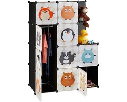 kinderkamer kast met diermotieven - kunststof - steeksysteem - deuren - kledingkast - roede - kleurrijk