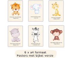 Kinderkamer Poster Set Bijbelteksten | 6x A4 | Wall art | Bijbelse Quotes & Dieren | Religieus Kraamcadeau