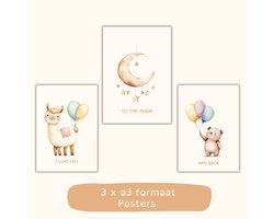 Kinderkamer Posters – Set van 3 A3 | I Love You to the Moon and Back | Alpaca, Maan & Beertje | Wall Art - Babykamer
