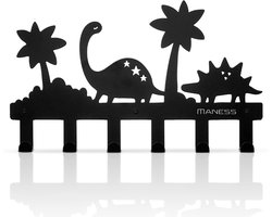 Kinderkapstok - Dino - Kinderkapstok haakjes - Babykamer Kapstokken - 42cm - 6 haken – design Kapstokken - Inclusief bevestigingsmateriaal – Wandkapstok - Babykameraccessoires - Kinderkamer haakjes - Zwart - Modern